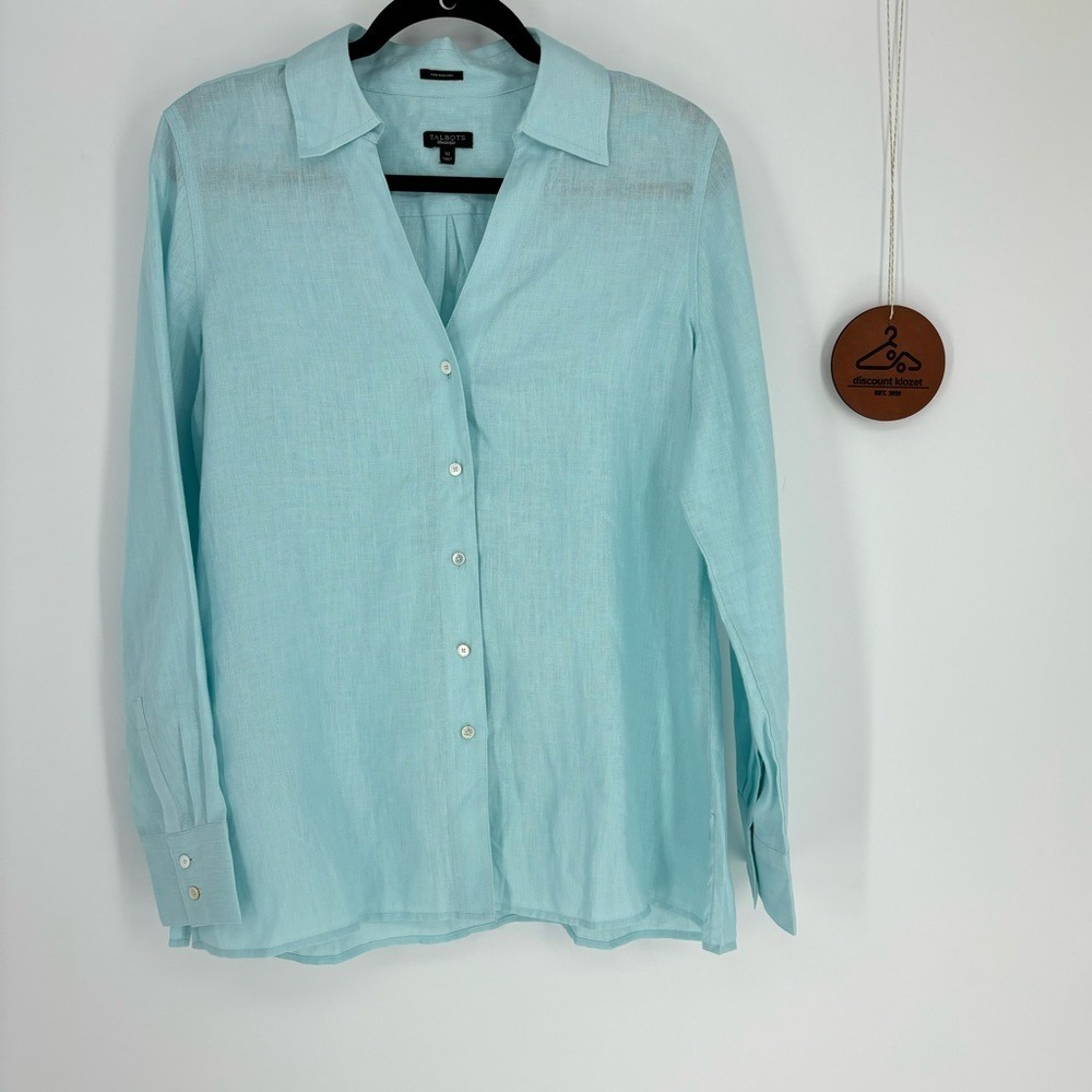 Talbots Womens Pure Irish Linen Button Down Shirt Aqua Blue Size 10 Coastal